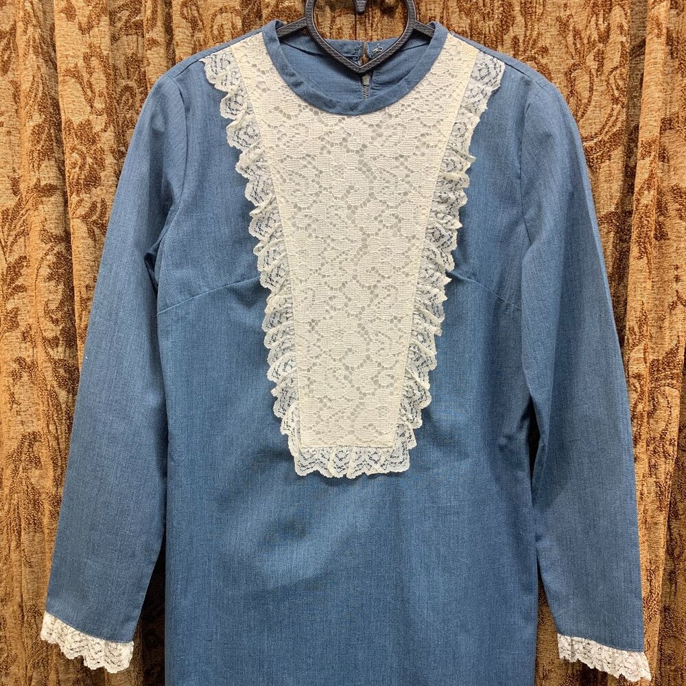 Vintage 1970s Union Made Woman's Cotton Denim Dress Retro Cottagecore